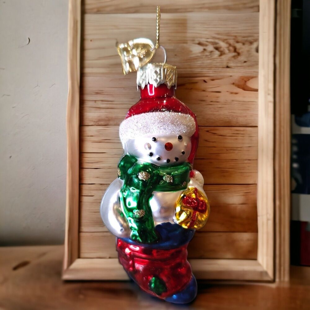 Santa Snowman Christmas Stocking Hand Blown Glass Ornament Thomas Pacconi 2002
